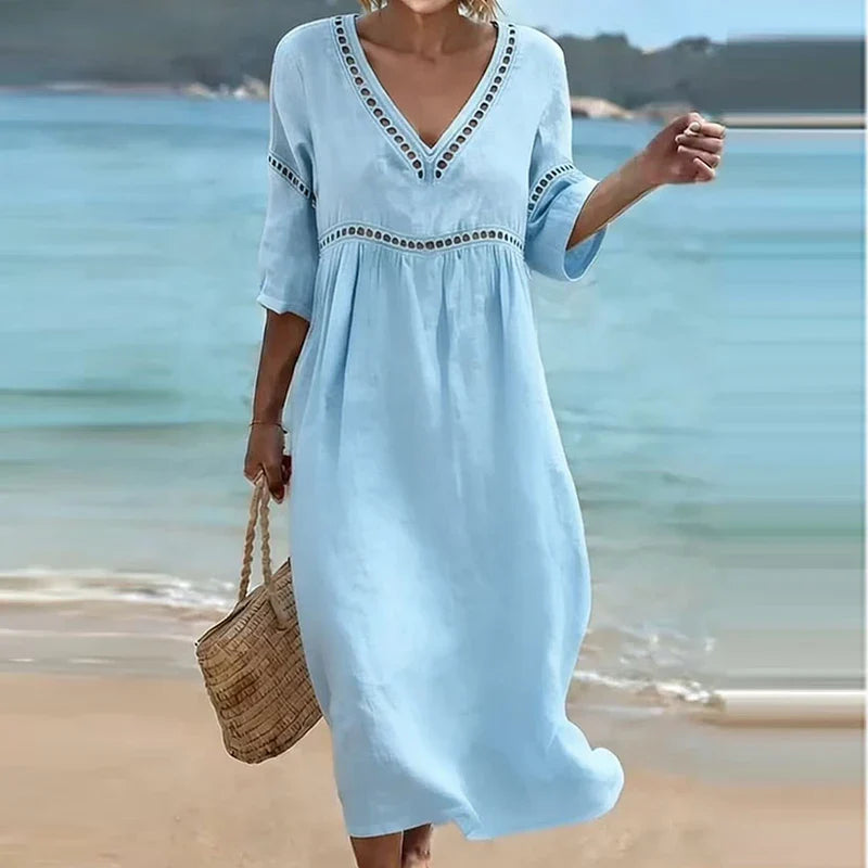 Nolani Hollow Trim V-Neck Midi Dress