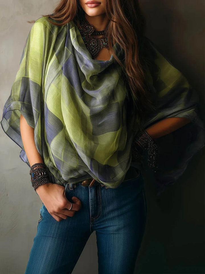Ophira Draped Plaid Chiffon Blouse