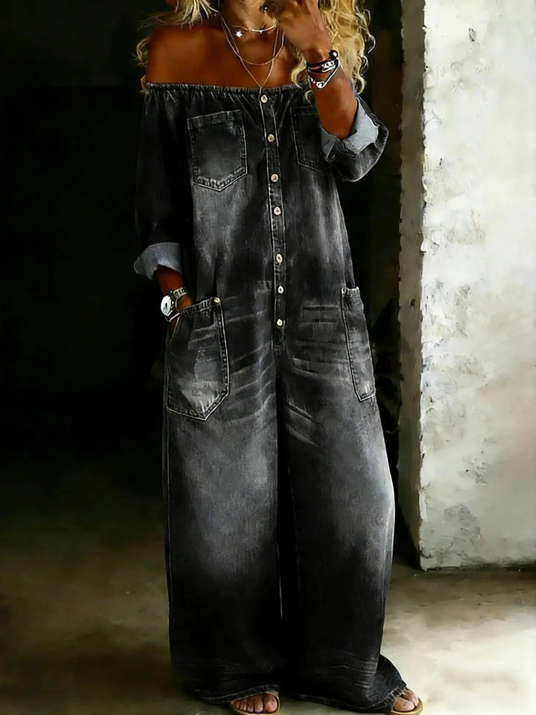 Martina Off Shoulder Denim Jumpsuit