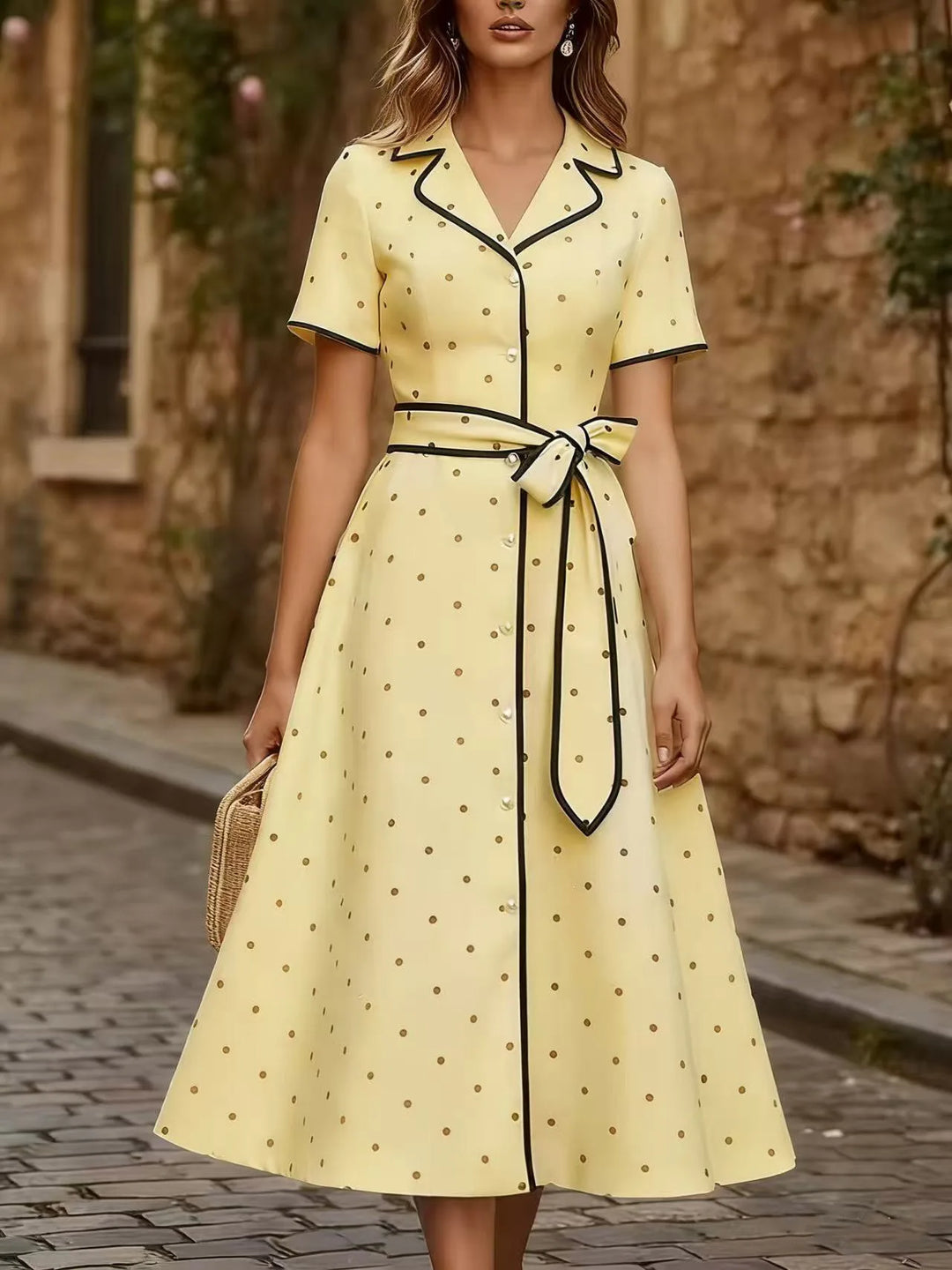 Camellia Elegant French Polka Dot Midi Dress