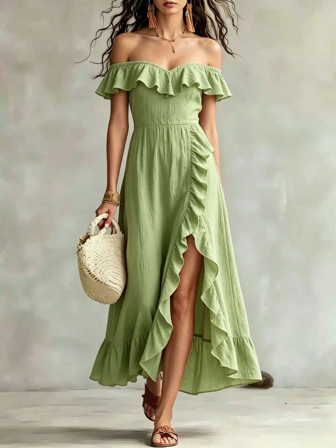 Calvian Off Shoulder Split Hem Maxi Dress