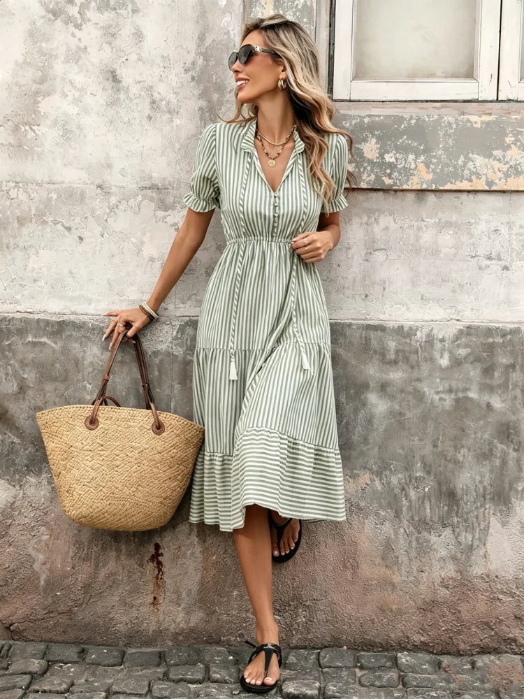Gabriella V Neck Striped Elastic Midi Dress