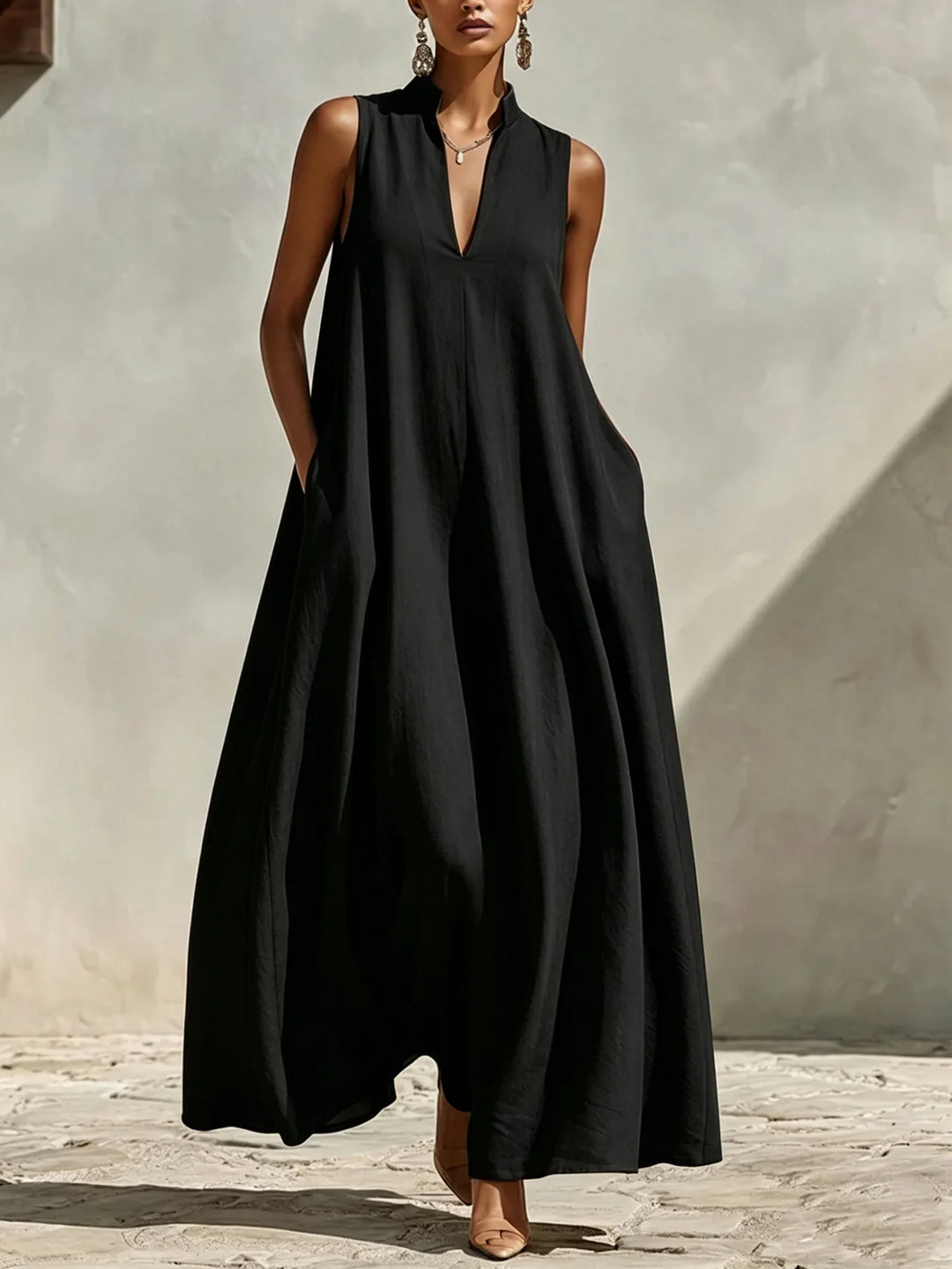 Cassara Linen V-Neck Pocket Maxi Dress