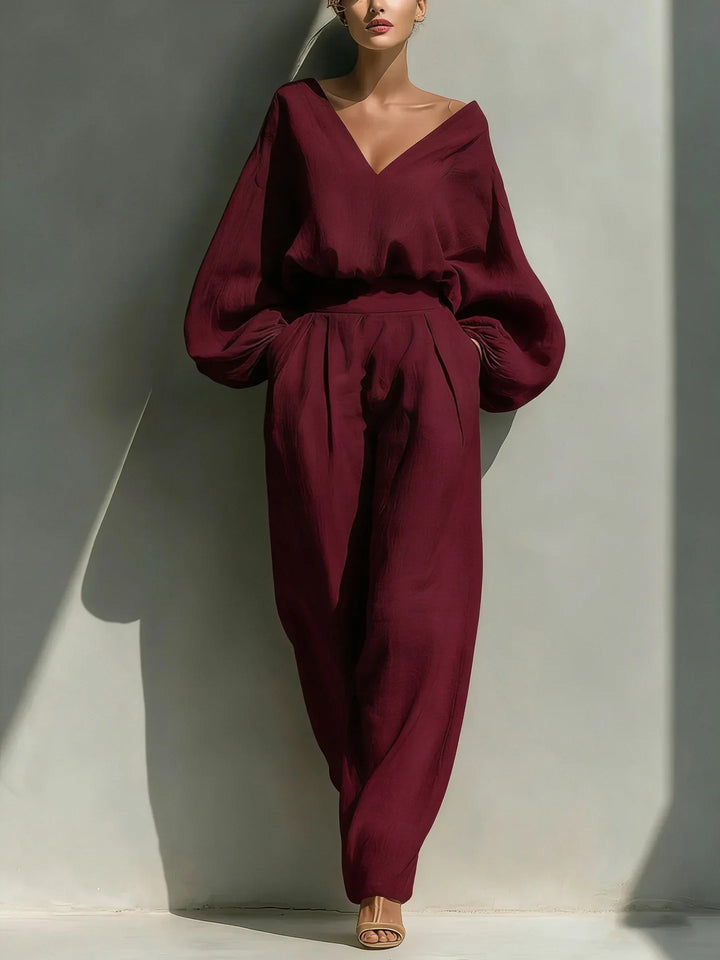 Maelle Casual Deep V Neck Linen Pants Set