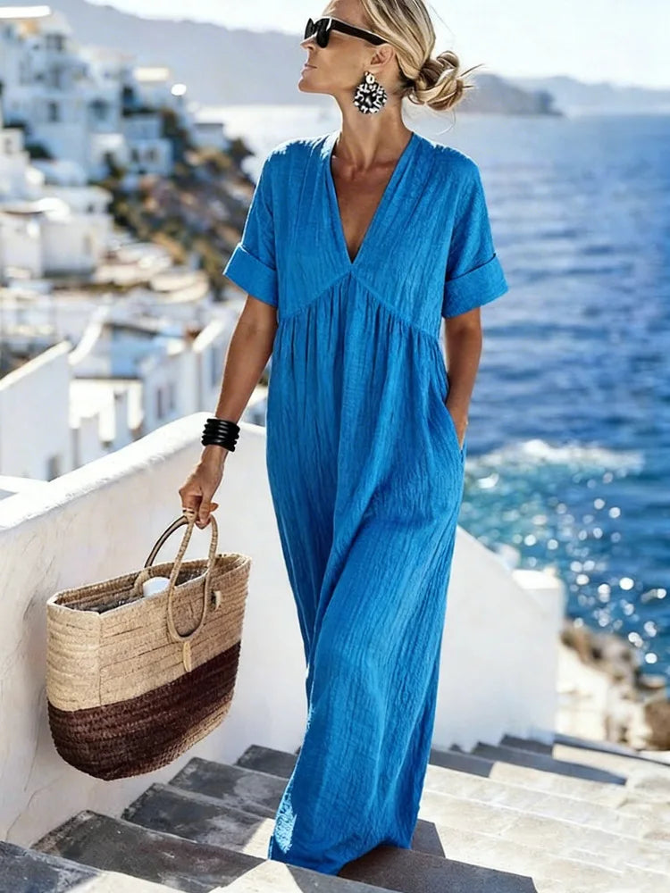 Sorelia Elegant Relaxed V Neck Maxi Dress