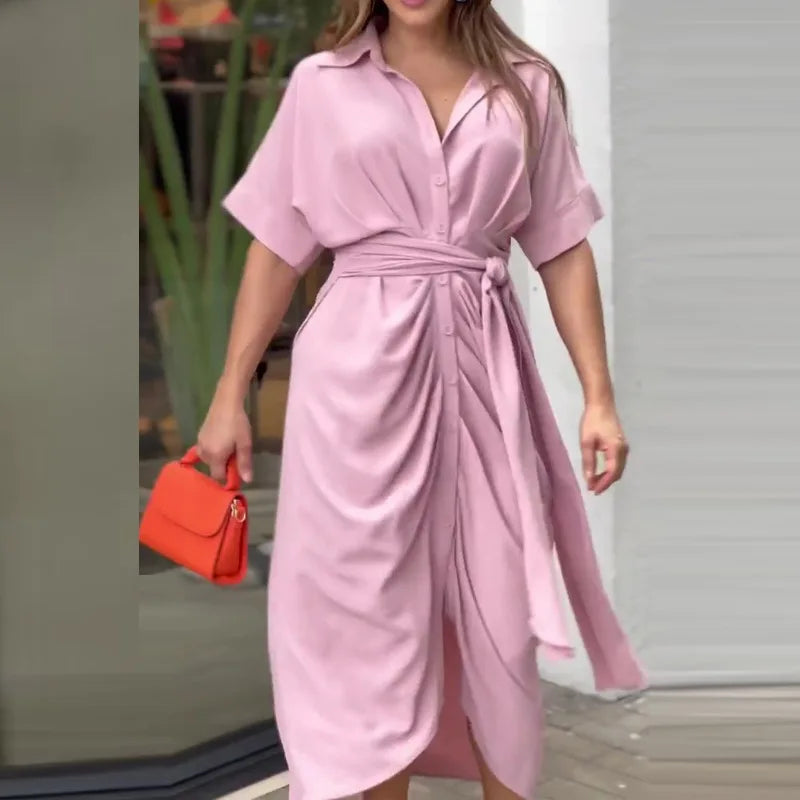 Dahlina Printed Tie Waist Shirt Midi Dress