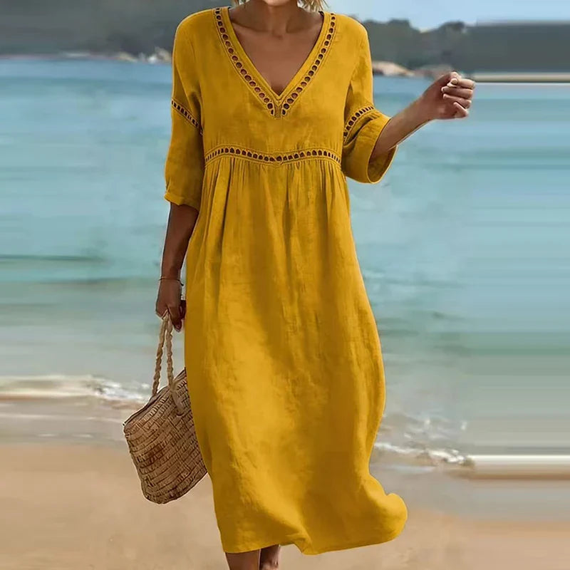Nolani Hollow Trim V-Neck Midi Dress