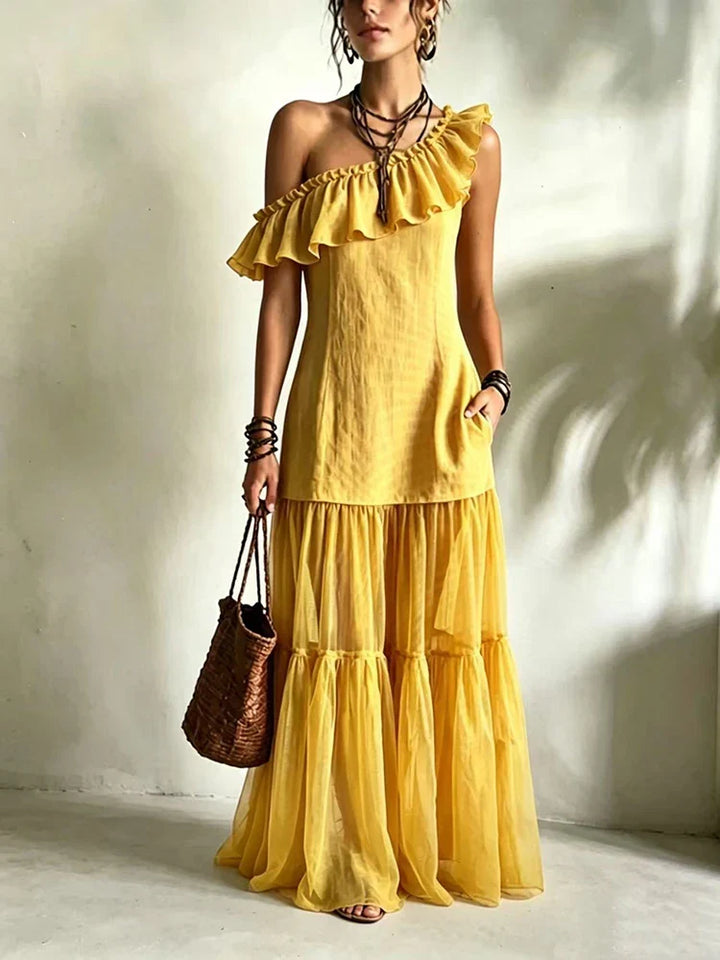 Idalia One Shoulder Asymmetrical Ruffle Maxi Dress