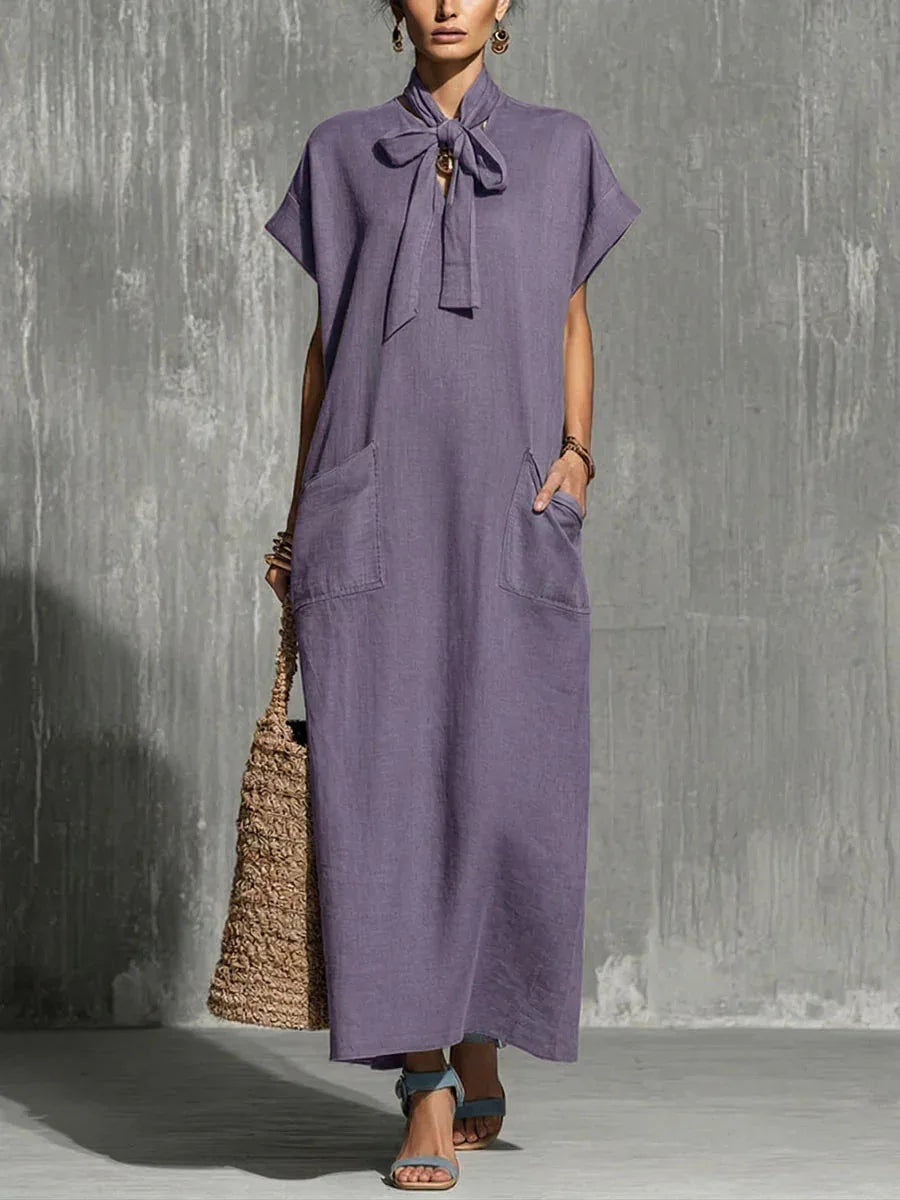 Serilda Vintage V Neck Short Sleeve Flowing Maxi Dress