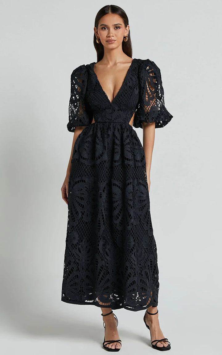 Oriana Puff Sleeve Embroidered Lace Midi Dress