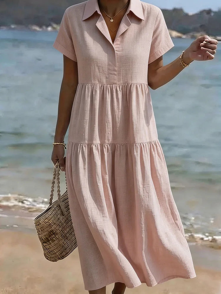 Maerina Relaxed Tiered A Line Midi Shirt Dress
