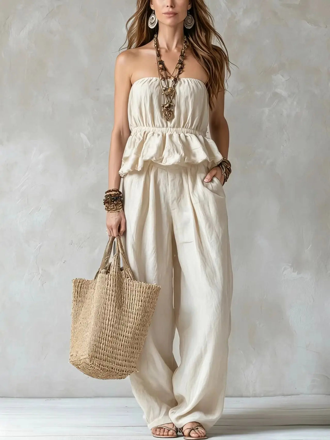 Keona Strapless Ruffle Trouser Set