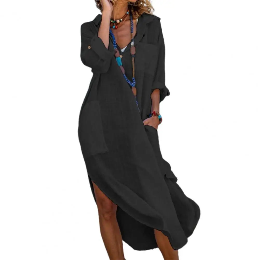 Lourdes Flowing Linen Long Shirt Dress