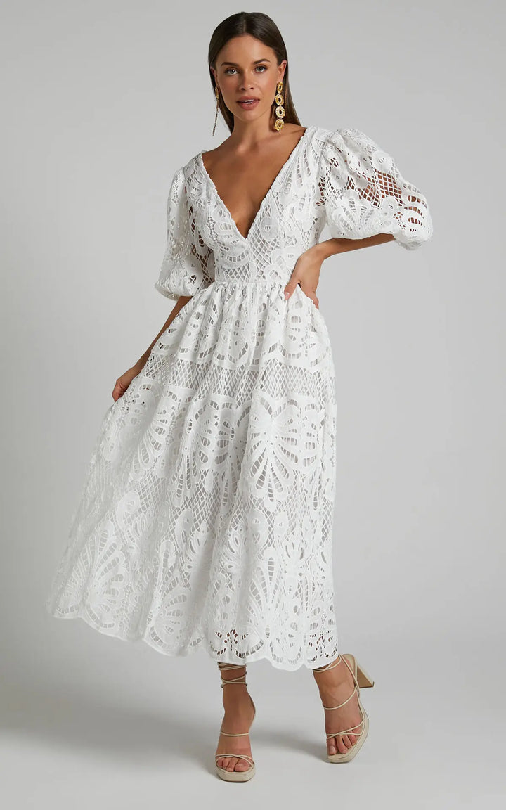 Oriana Puff Sleeve Embroidered Lace Midi Dress