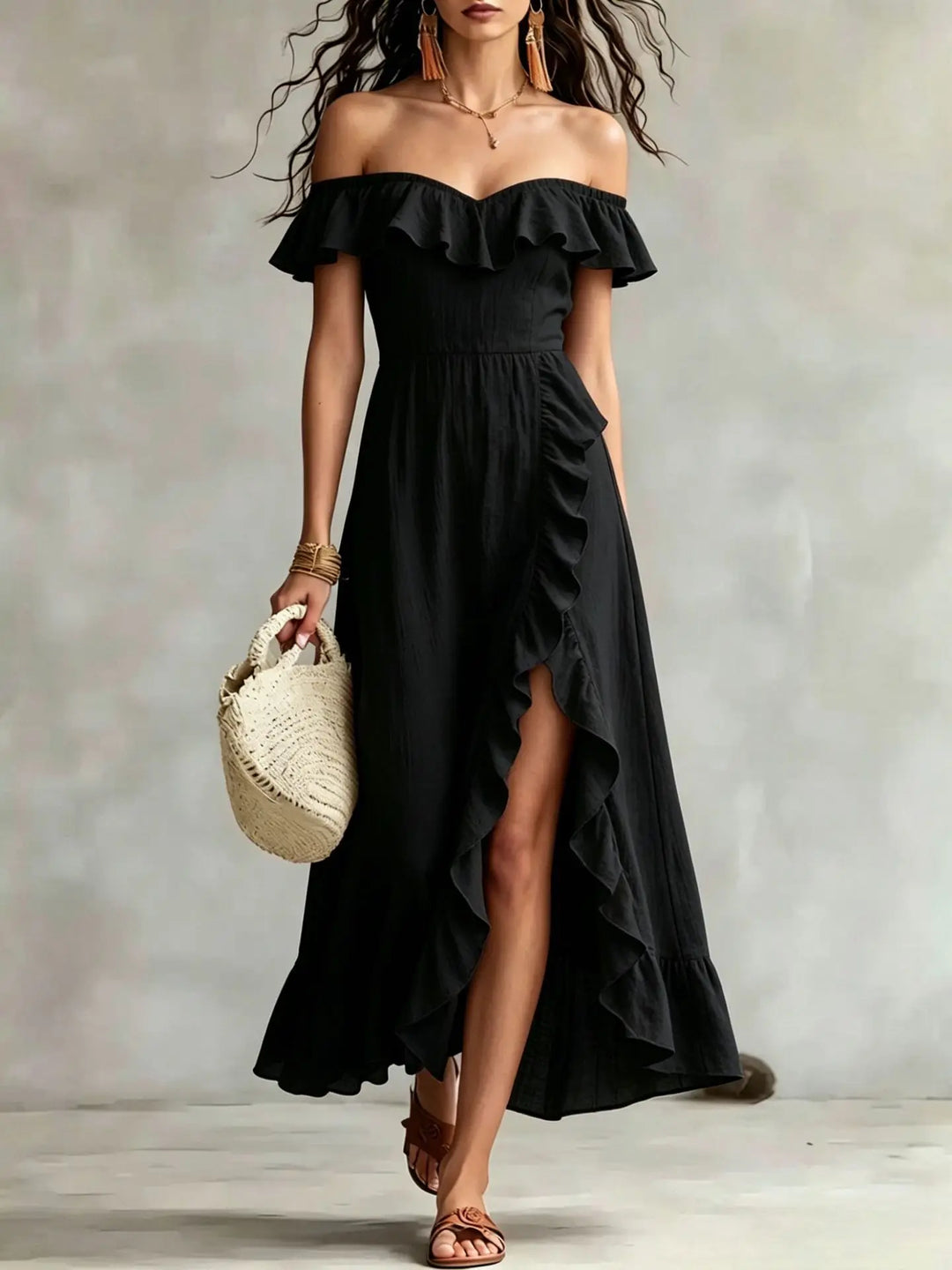 Calvian Off Shoulder Split Hem Maxi Dress