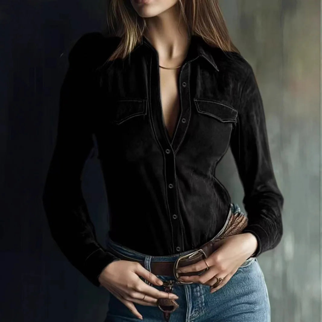 Marlowe Suede Collar Blouse