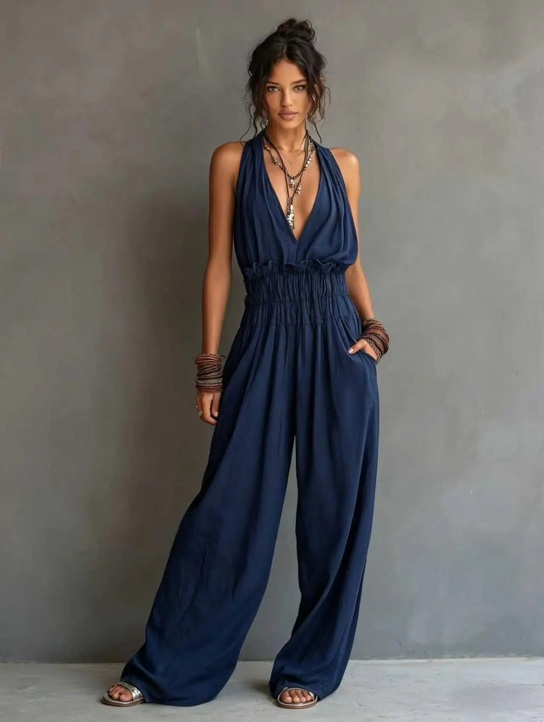 Carvella Deep V Neck Wide Leg Jumpsuit