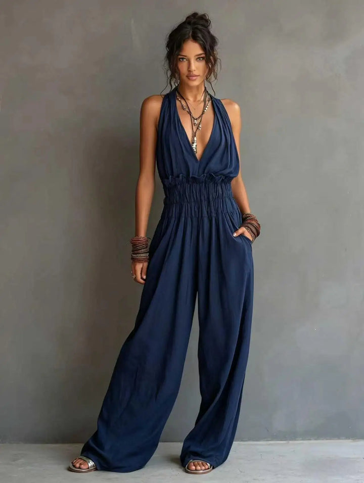 Carvella Deep V Neck Wide Leg Jumpsuit