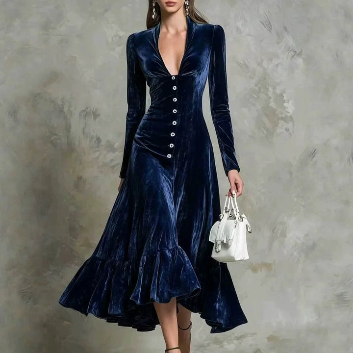 Marchetta Button Front Velvet Dress