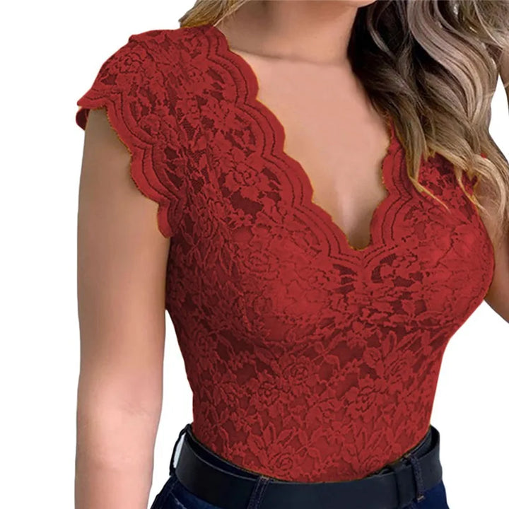 Arianna Deep V Neck Lace Top