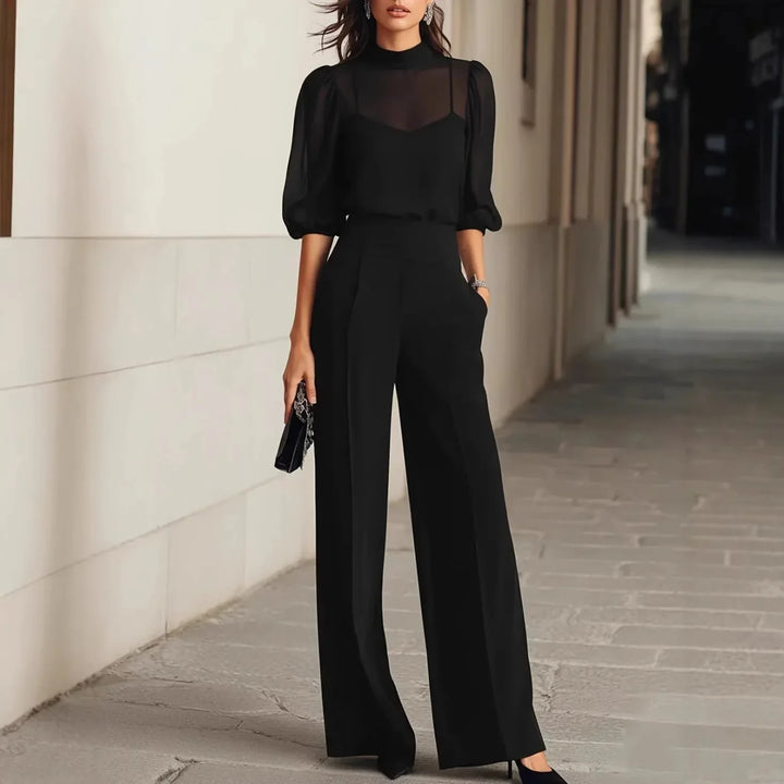 Zinnia Elegant Patchwork Long Sleeve Wide Leg Jumpsuit