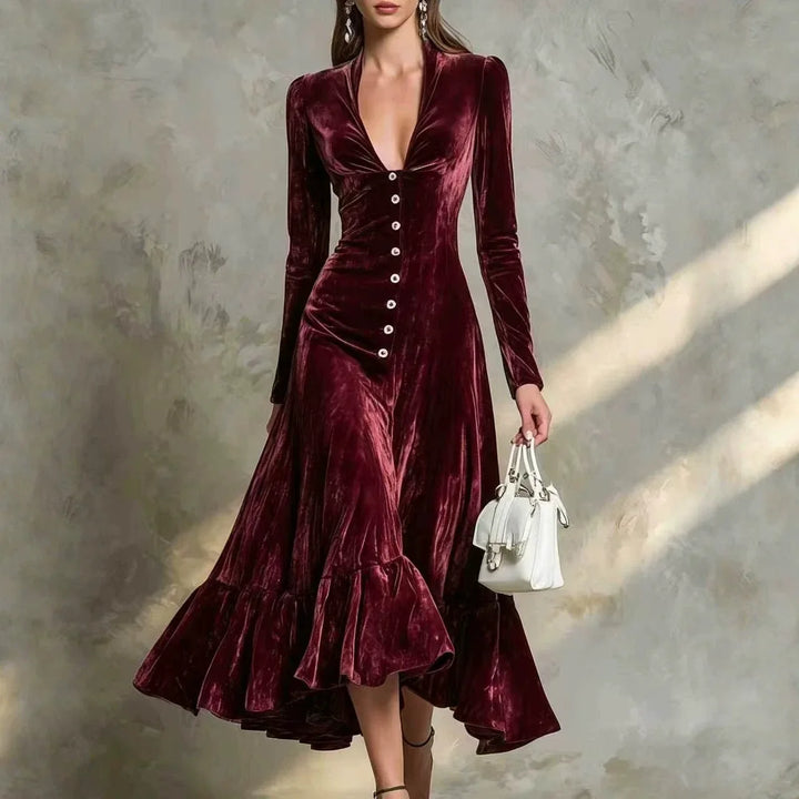 Marchetta Button Front Velvet Dress