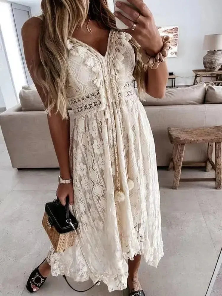 Auretta V Neck Crochet Detail Maxi Dress