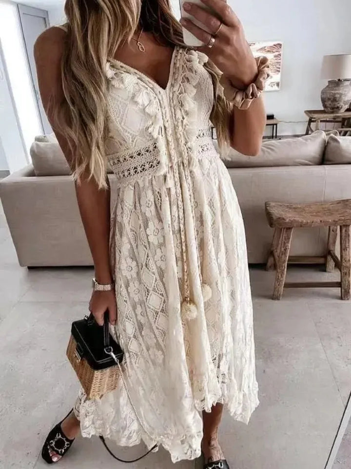 Auretta V Neck Crochet Detail Maxi Dress