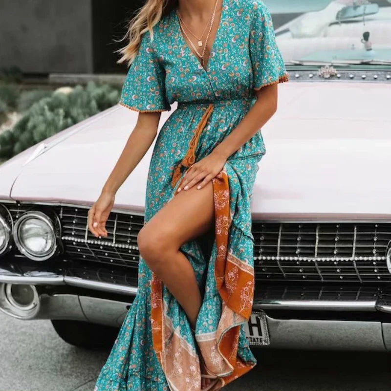 Celesia Drawstring Bohemian Maxi Dress