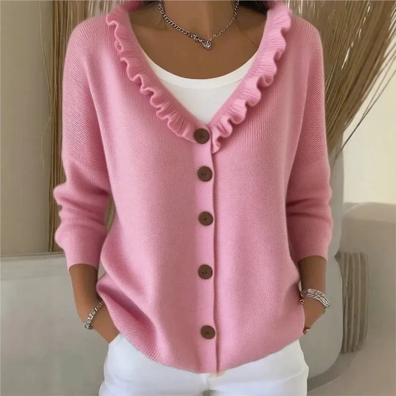Noelle Ruffle Neck Button Cardigan