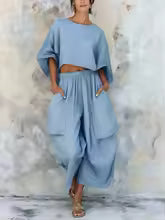 Adelia Linen Cotton Wide Leg Pants Set