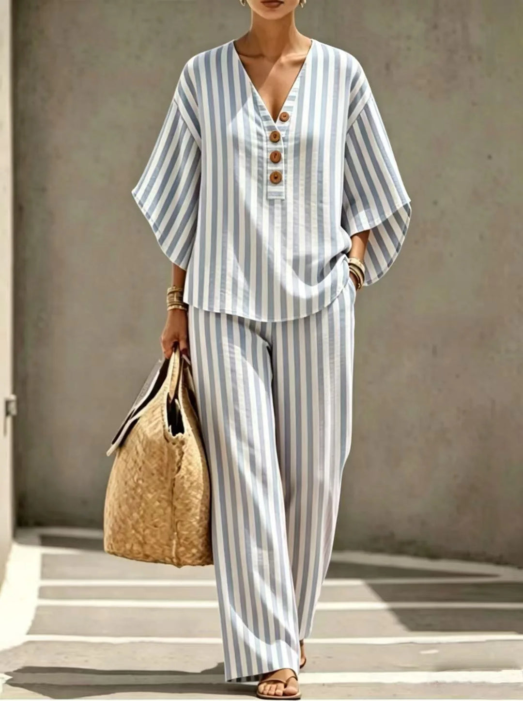 Arianne Striped Short Sleeve Button Front Pants Set