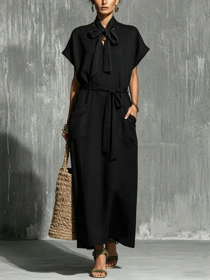 Serilda Vintage V Neck Short Sleeve Flowing Maxi Dress