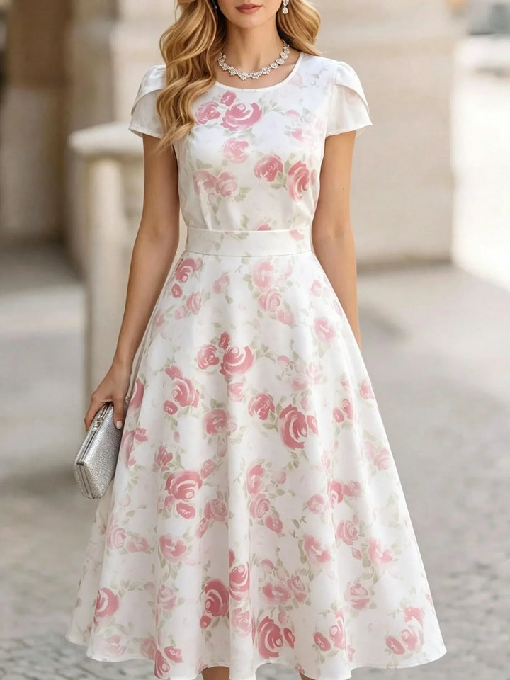 Isaline Elegant Floral Short Sleeve Midi Dress