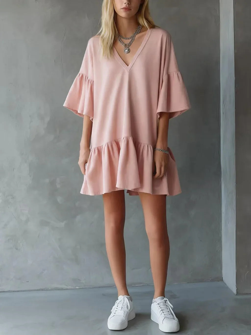 Soliana Lightweight V Neck Mini Dress
