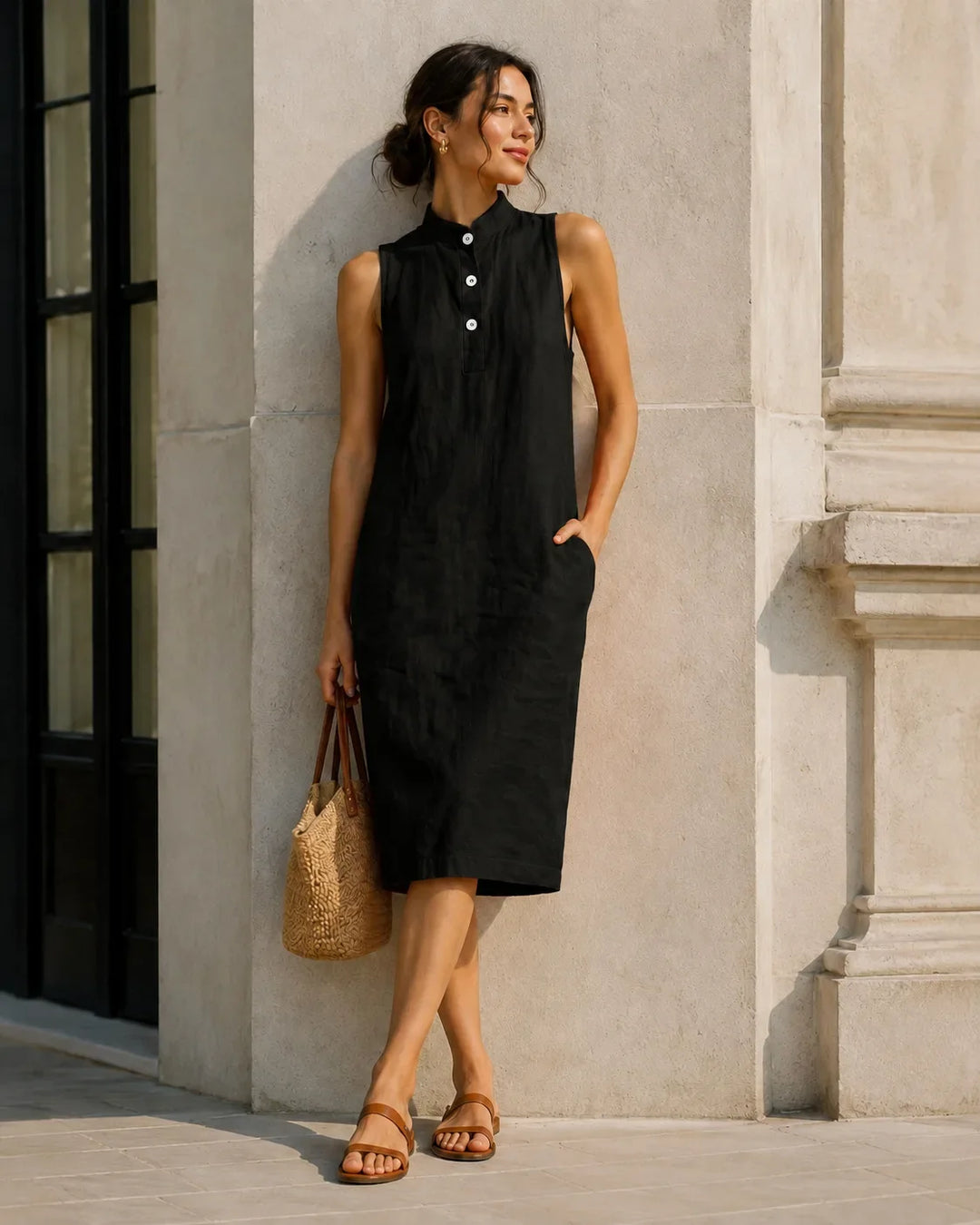Evania Breathable Sleeveless Linen Midi Dress