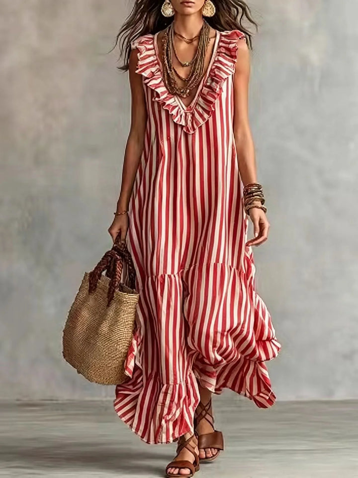 Elara Ruffle Striped Maxi Dress