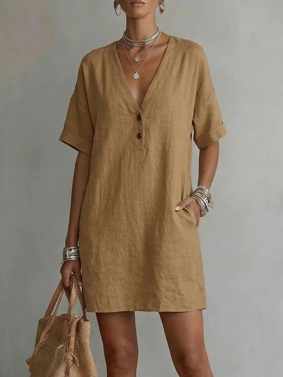 Sarinae Breathable Linen V-Neck Mini Dress
