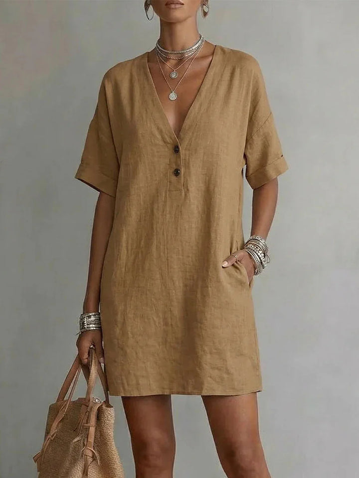Sarinae Breathable Linen V-Neck Mini Dress