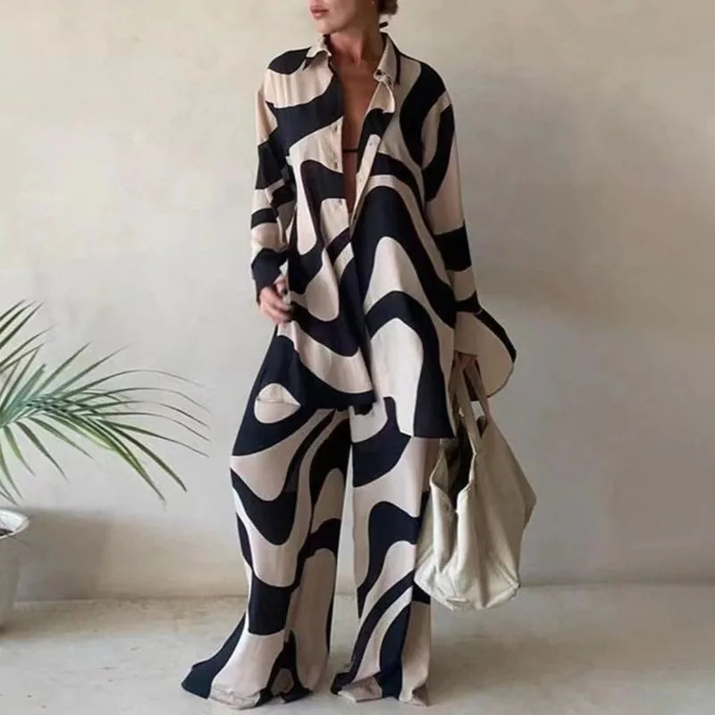 Floriane Geometric Print Long Sleeve Trouser Set