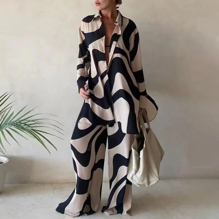 Floriane Geometric Print Long Sleeve Trouser Set