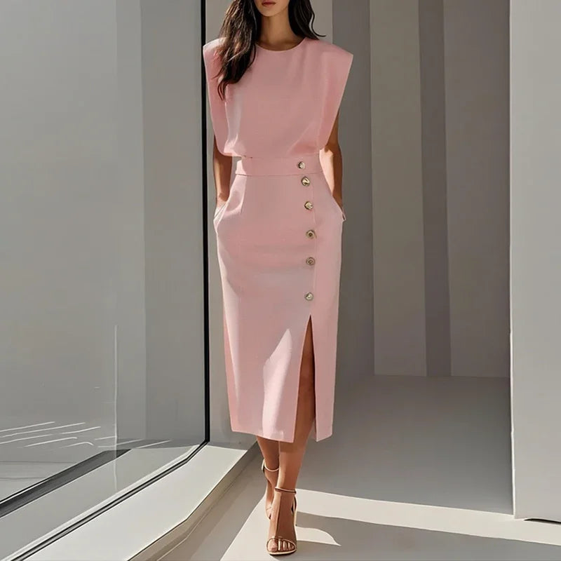 Arabella Elegant Button Split Midi Dress