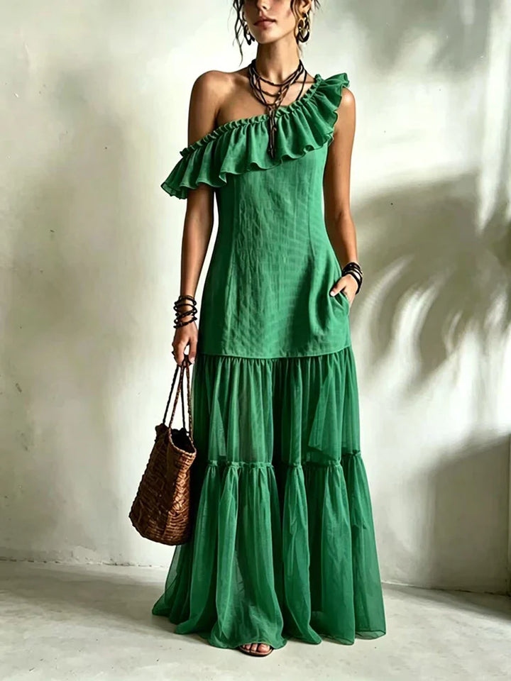 Idalia One Shoulder Asymmetrical Ruffle Maxi Dress