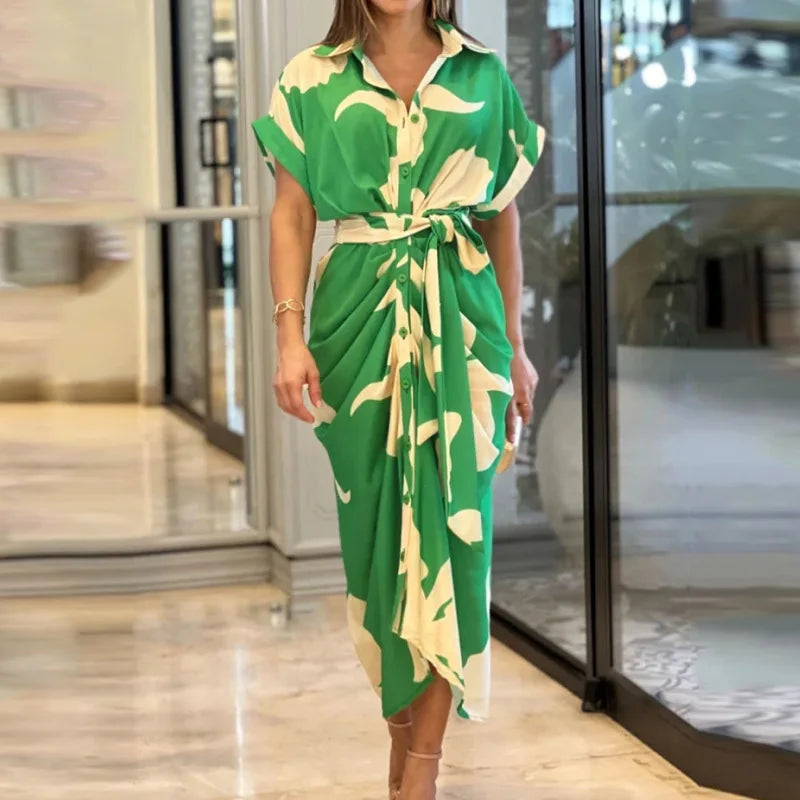 Dahlina Printed Tie Waist Shirt Midi Dress