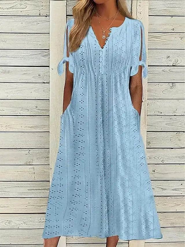 Thalora V Neck Eyelet Midi Dress
