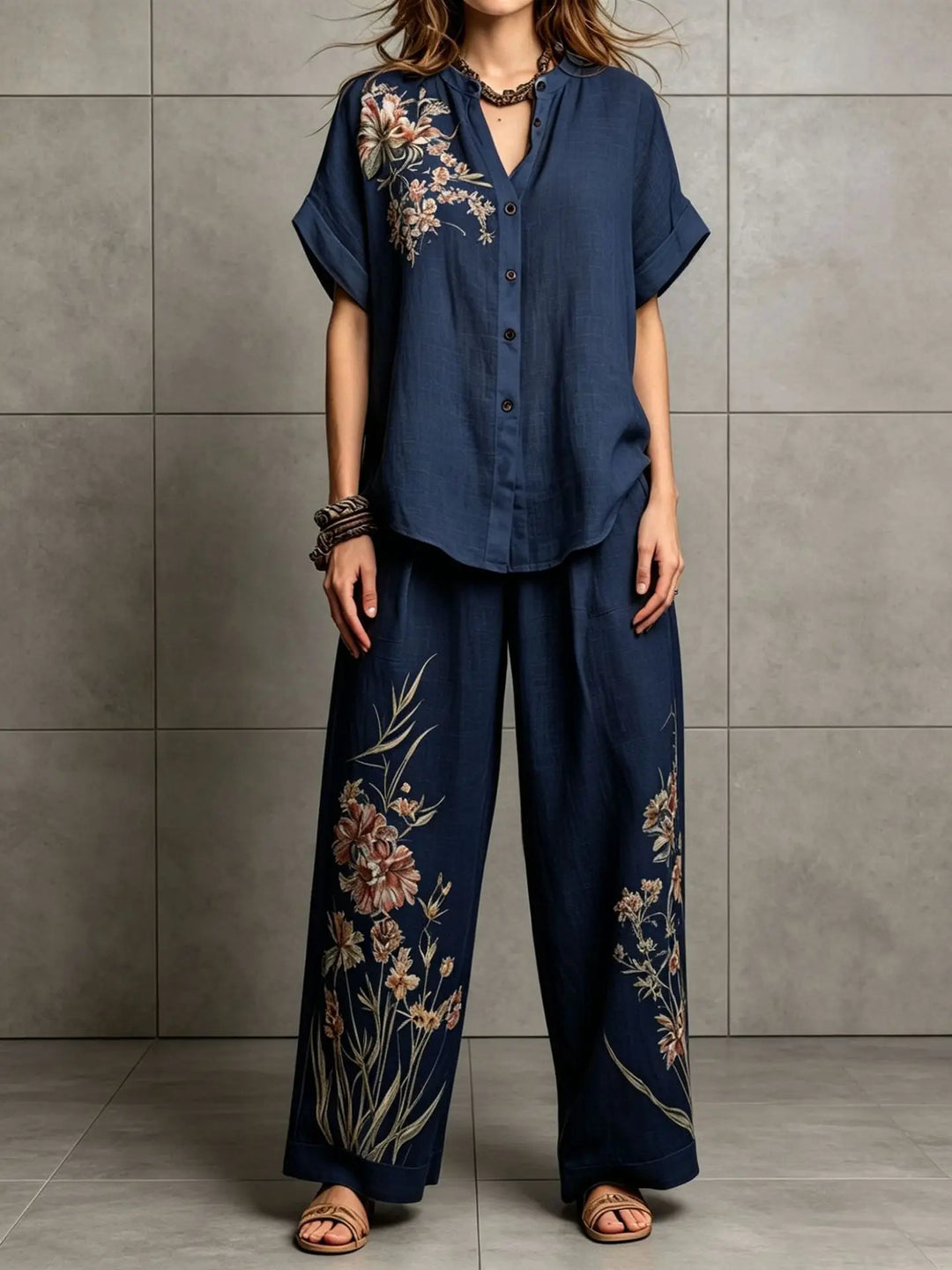 Amelina Bohemian Floral Printed Wide Leg Pants Set