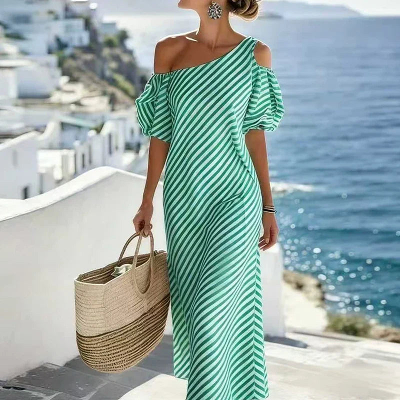 Lazara Bohemian Striped One Shoulder Maxi Dress