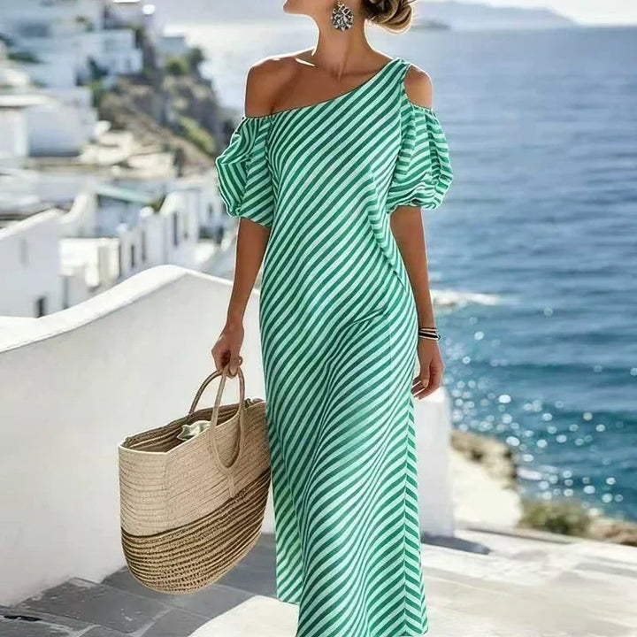 Lazara Bohemian Striped One Shoulder Maxi Dress