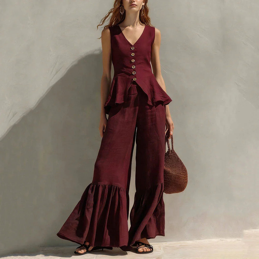 Sylvie Sleeveless Ruffle Trim Wide Leg Pants Set