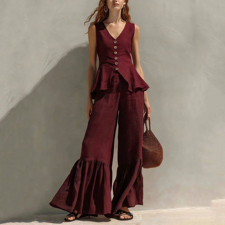 Sylvie Sleeveless Ruffle Trim Wide Leg Pants Set